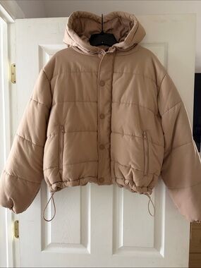 For Love & Lemons Taupe Cropped Hooded Puffer